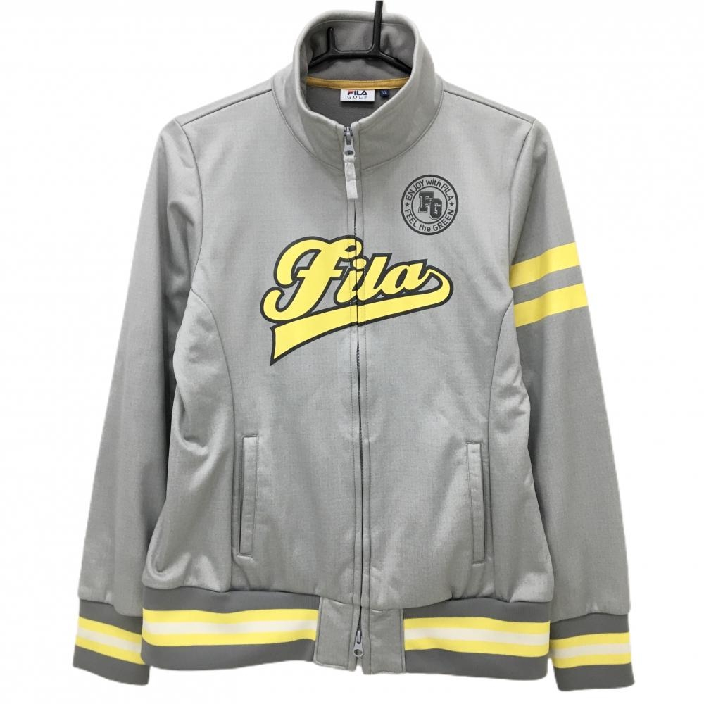 【超美品】フィラゴルフ ジャケット グレー×イエロー フロントロゴ 袖2ライン 裏起毛 レディース LL ゴルフウェア FILA GOLF
