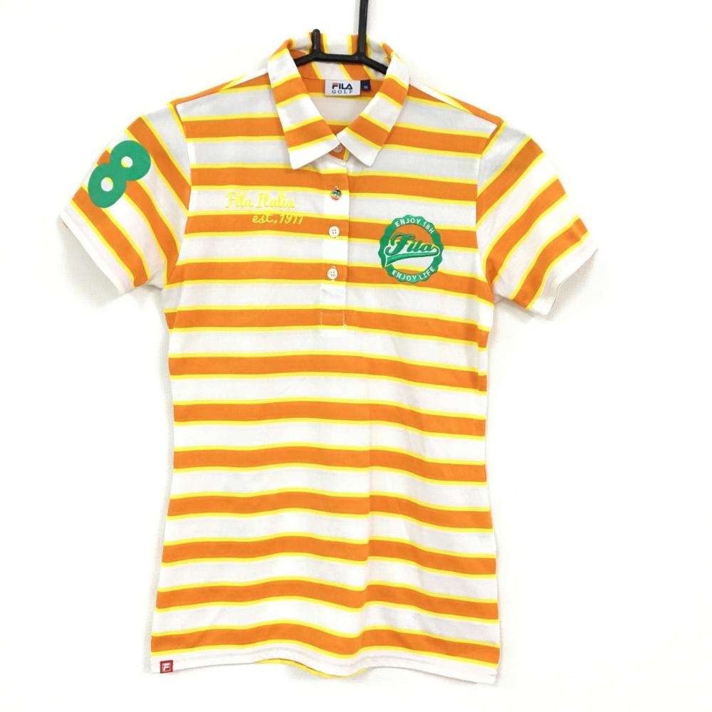 FILA GOLF フィラゴルフ 半袖ポロシャツ 白×オレンジ ボーダー柄 ハートボタン レディース M ゴルフウェア