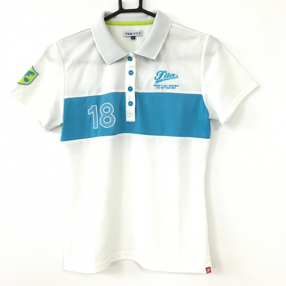 FILA GOLF フィラゴルフ 半袖ポロシャツ 白×ライトブルー 袖ワッペン シンプル  レディース L ゴルフウェア