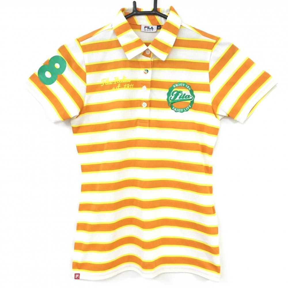 FILA GOLF フィラゴルフ 半袖ポロシャツ 白×オレンジ ボーダー柄 総柄 レディース M ゴルフウェア