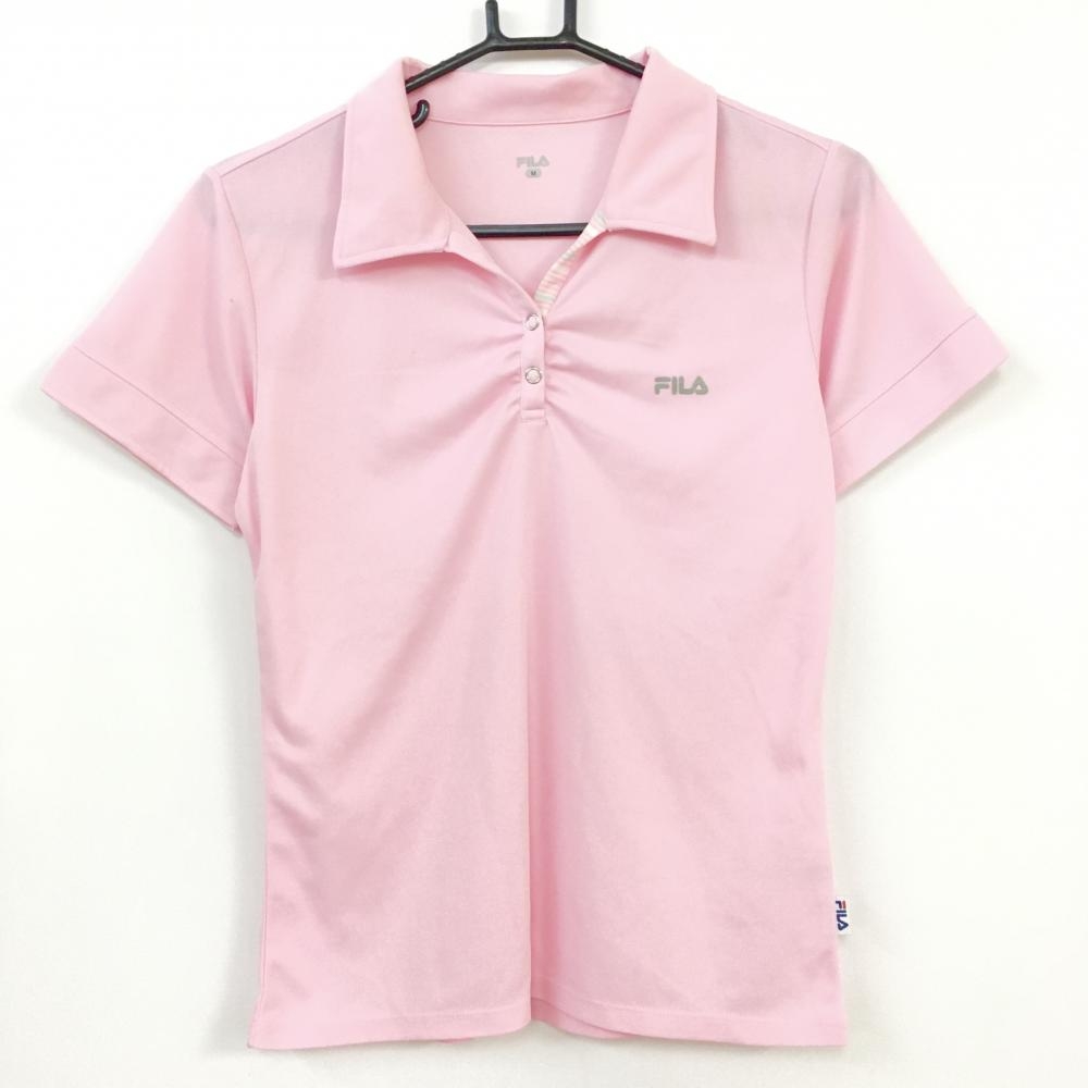 FILA GOLF フィラゴルフ 半袖ポロシャツ ピンク×白 袖口前立てボーダー スナップボタン レディース M ゴルフウェア