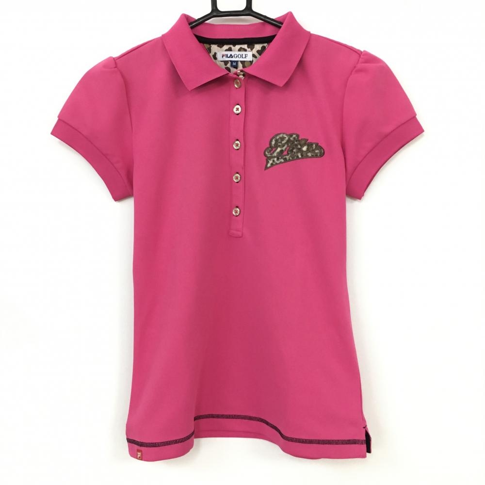 【美品】FILA GOLF フィラゴルフ 半袖ポロシャツ ピンク×ブラウン レオパードロゴワッペン レディース M ゴルフウェア