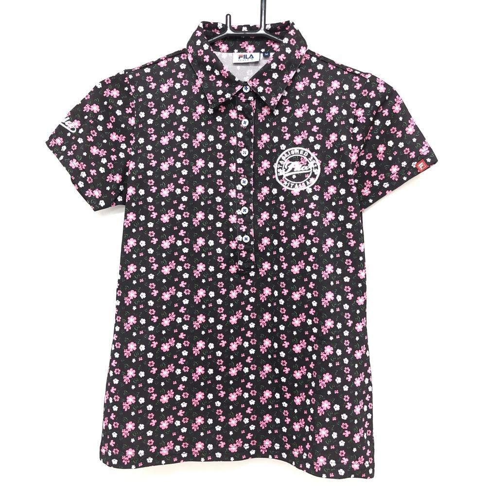 【美品】フィラゴルフ 半袖ポロシャツ 黒×ピンク 花柄  レディース M ゴルフウェア FILA GOLF