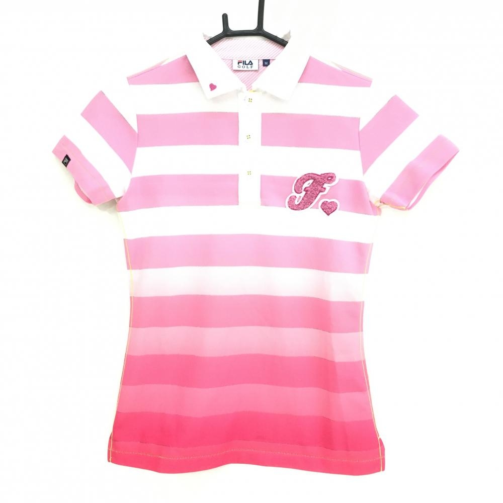 フィラゴルフ 半袖ポロシャツ ピンク×白 ボーダー グラデーション パイル地ワッペン レディース M ゴルフウェア FILA GOLF