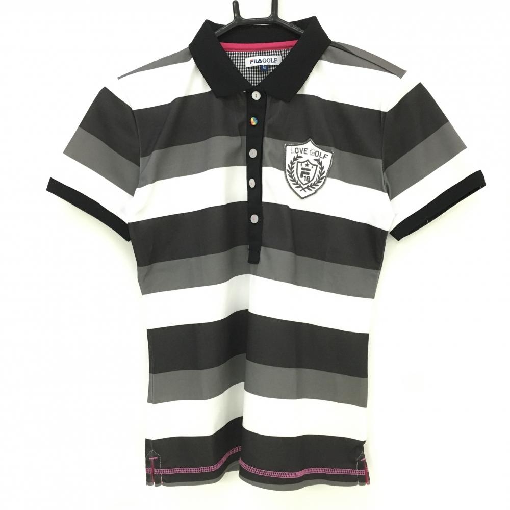 フィラゴルフ 半袖ポロシャツ 黒×白 ボーダー柄 胸元ロゴワッペン  レディース M ゴルフウェア FILA GOLF