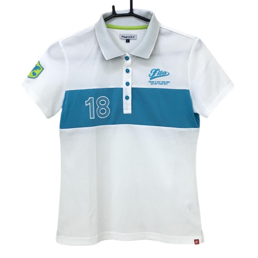 フィラゴルフ 半袖ポロシャツ 白×ライトブルー 襟裏ロゴ  レディース L ゴルフウェア FILA GOLF