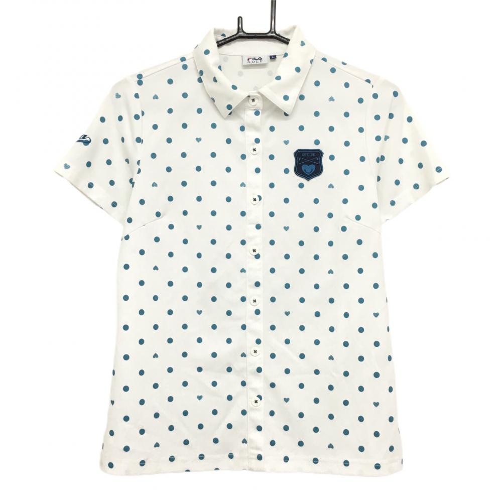 フィラゴルフ 半袖ポロシャツ 白×ライトブルー ドット柄 ハート柄 一部ラメ レディース L ゴルフウェア FILA GOLF