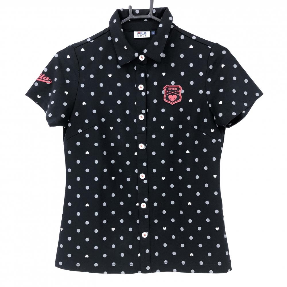 フィラゴルフ 半袖ポロシャツ 黒×グレー ドット柄 胸元ワッペン レディース M ゴルフウェア FILA GOLF