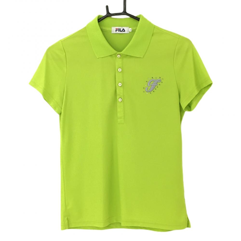 【美品】フィラゴルフ 半袖ポロシャツ ライトグリーン ラインストーン 立体刺しゅう レディース M ゴルフウェア FILA GOLF