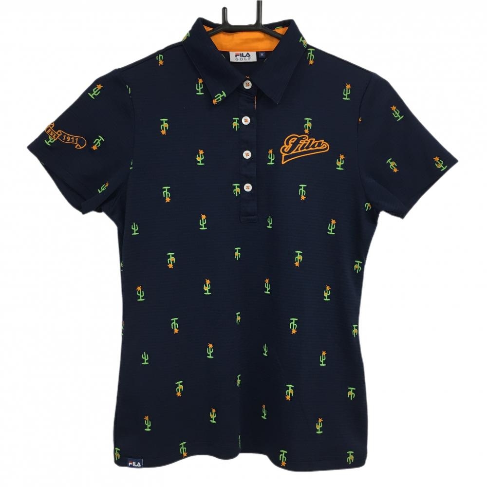 【超美品】フィラゴルフ 半袖ポロシャツ ネイビー×オレンジ サボテン柄 ボーダー織生地 レディース M ゴルフウェア FILA GOLF