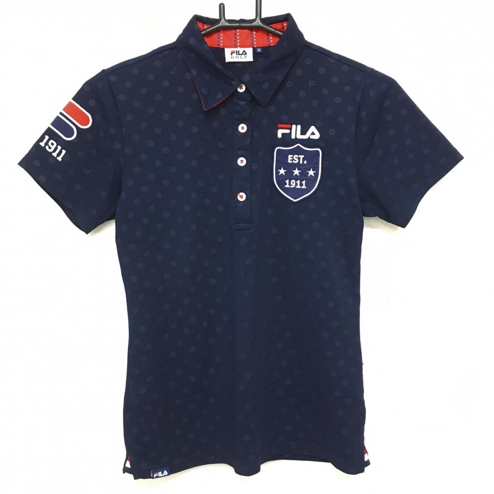 【超美品】フィラゴルフ 半袖ポロシャツ ネイビー ドット 襟裏星柄×スクエアドット レディース M ゴルフウェア FILA GOLF