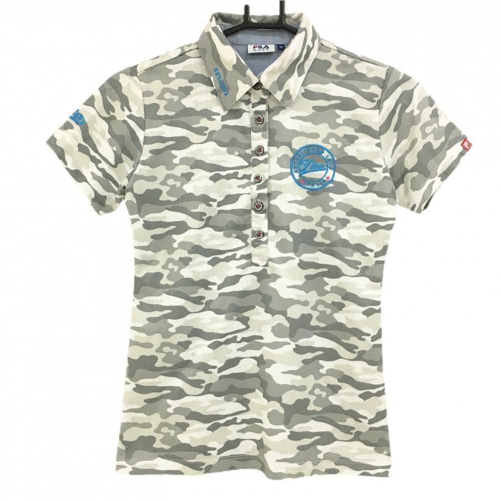 【美品】フィラゴルフ 半袖ポロシャツ グレー×ライトベージュ カモフラ 迷彩 レディース M ゴルフウェア FILA GOLF