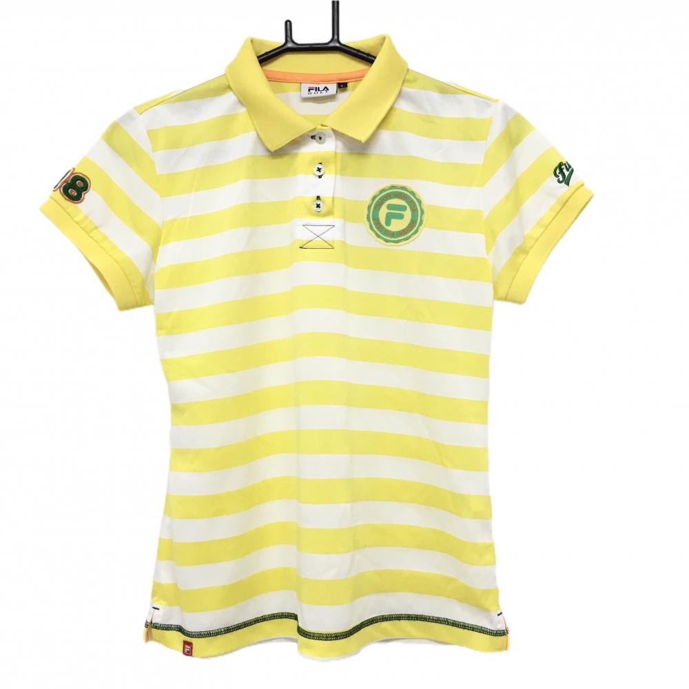 【超美品】フィラゴルフ 半袖ポロシャツ イエロー×白 ボーダー 胸元ロゴ  レディース L ゴルフウェア FILA GOLF
