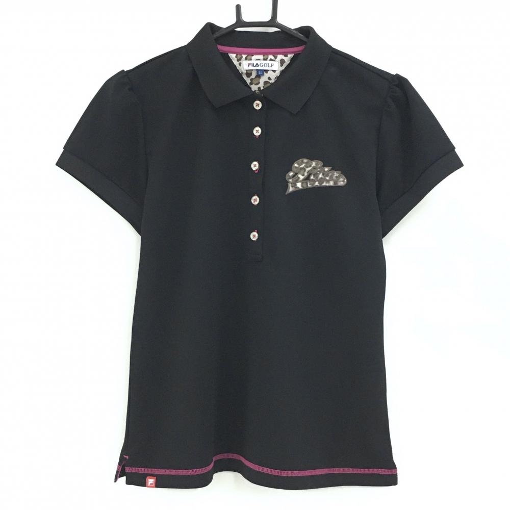 【超美品】フィラゴルフ 半袖ポロシャツ 黒 ステッチピンク レオパード柄ロゴ レディース LL ゴルフウェア FILA GOLF