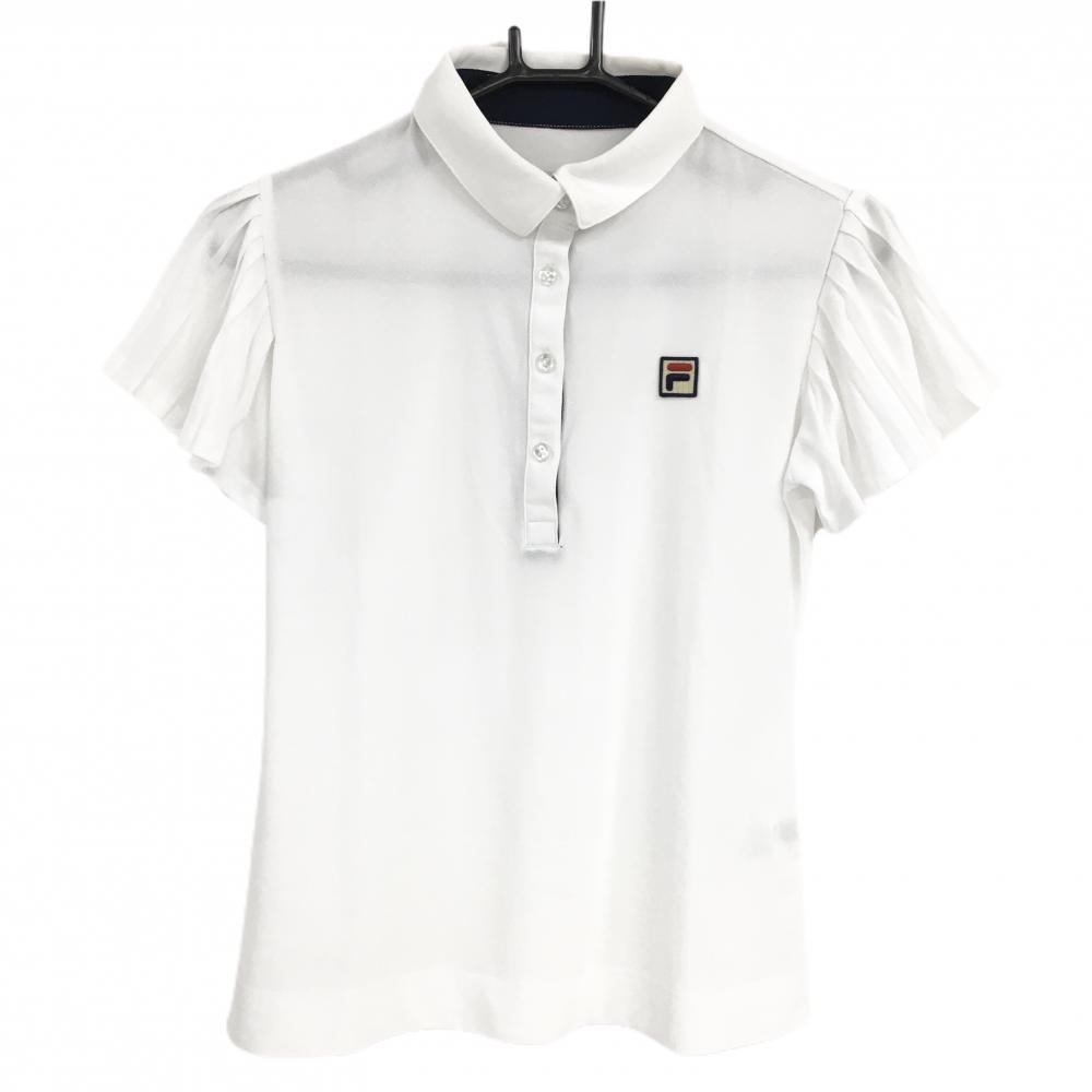 【美品】フィラゴルフ 半袖ポロシャツ 白 袖プリーツ ワッペン レディース M ゴルフウェア FILA GOLF