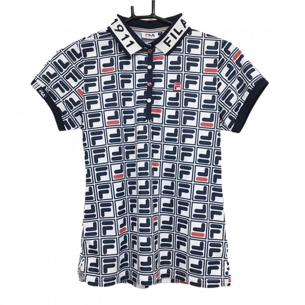 【超美品】フィラゴルフ 半袖ポロシャツ 白×ネイビー ロゴ総柄 スナップボタン レディース M ゴルフウェア FILA GOLF