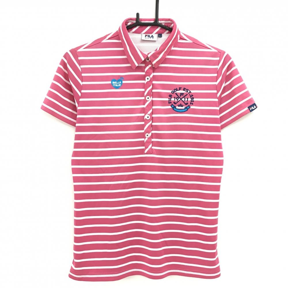 【美品】フィラゴルフ 半袖ポロシャツ ピンク×白 ボーダー ロゴ刺しゅう レディース L ゴルフウェア FILA GOLF