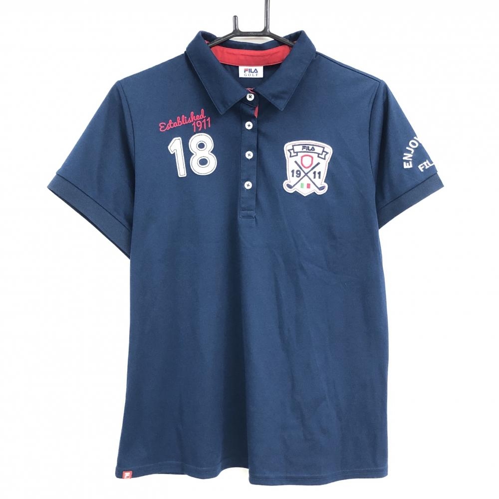 【超美品】フィラゴルフ 半袖ポロシャツ ネイビー×白 ロゴワッペン レディース 4L ゴルフウェア 大きいサイズ FILA GOLF
