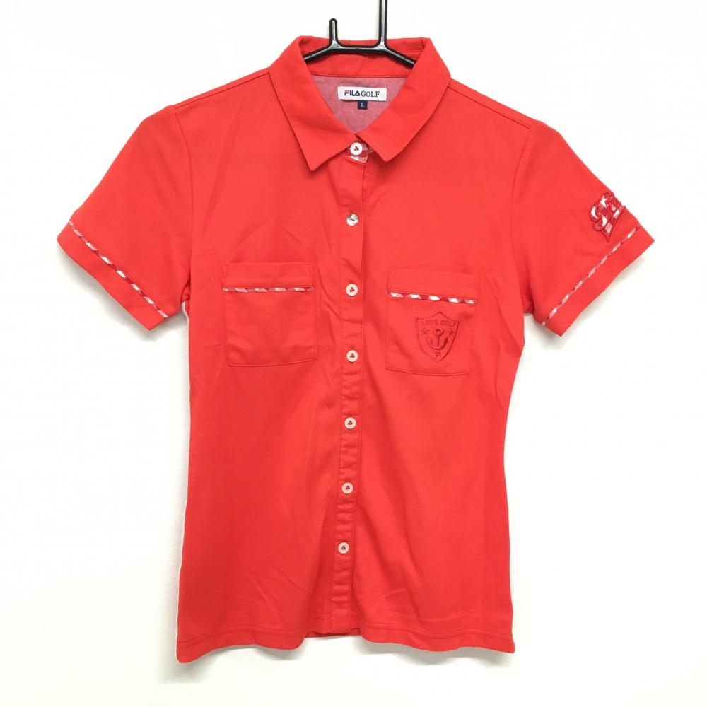 【超美品】フィラゴルフ 半袖ポロシャツ レッドオレンジ×白 サイドライン 一部チェック柄 レディース L ゴルフウェア FILA GOLF