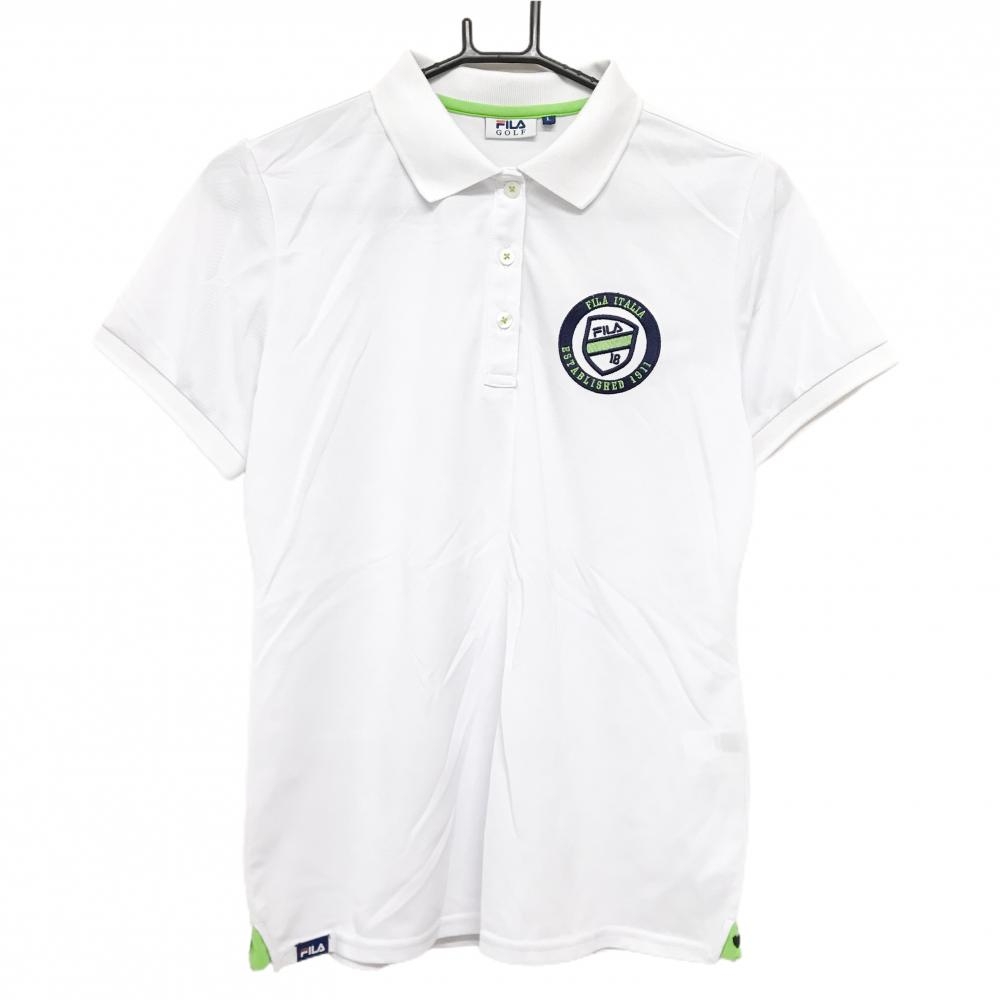 【美品】フィラゴルフ 半袖ポロシャツ 白 ロゴネイビー  レディース L ゴルフウェア FILA GOLF