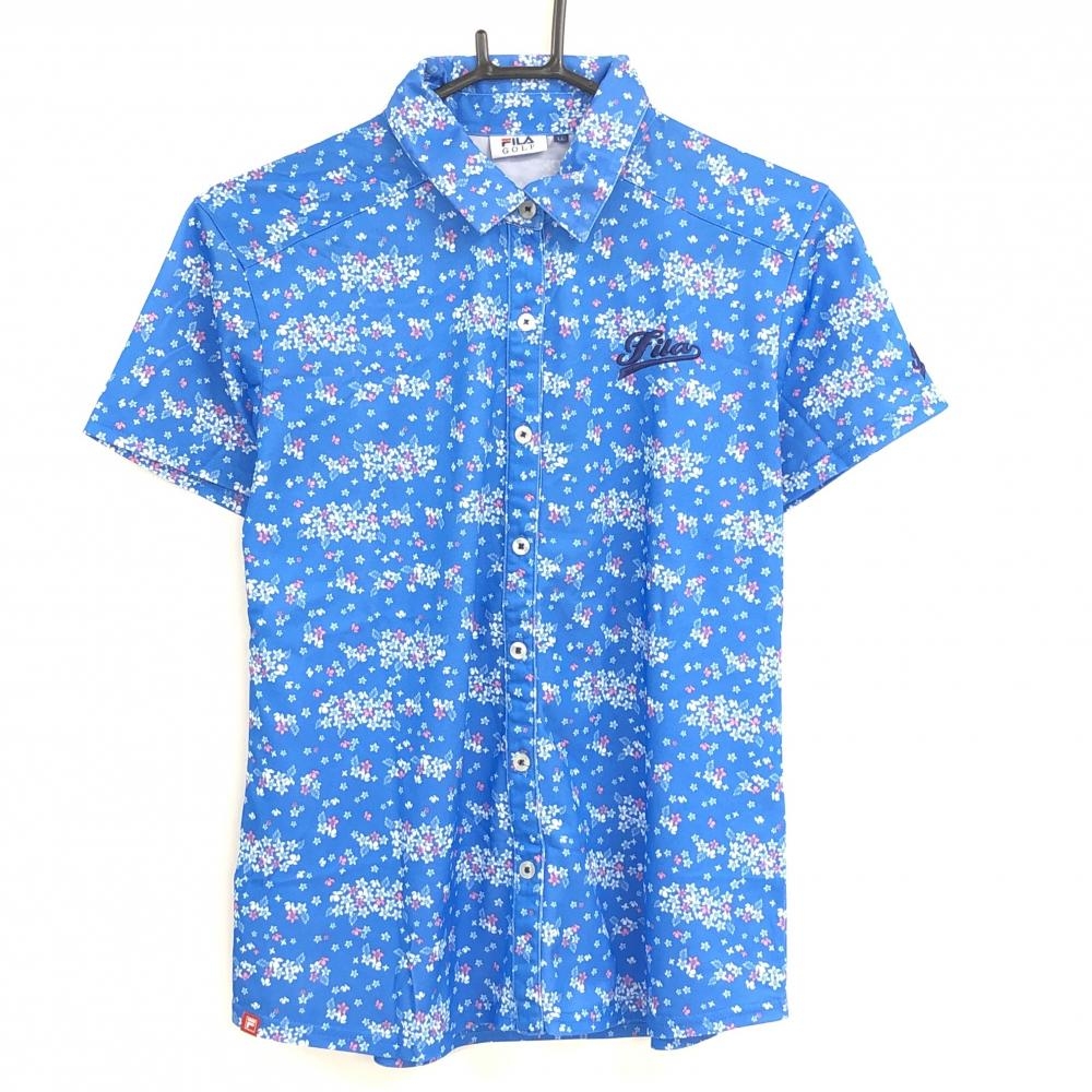 【超美品】フィラゴルフ 半袖ポロシャツ ブルー×白 花柄 ロゴ刺しゅう レディース LL ゴルフウェア FILA GOLF
