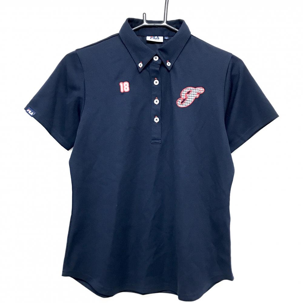 【超美品】フィラゴルフ 半袖ポロシャツ ネイビー ワッペン ボタンダウン レディース L ゴルフウェア FILA GOLF