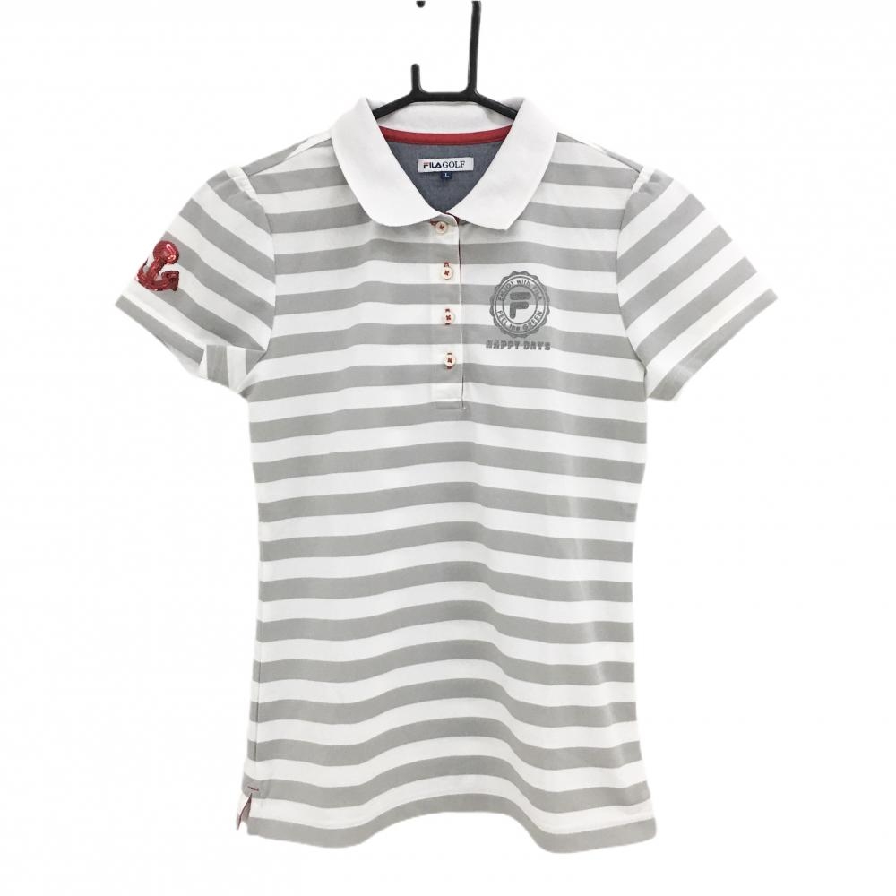【美品】フィラゴルフ 半袖ポロシャツ 白×グレー ボーダー  レディース L ゴルフウェア FILA GOLF