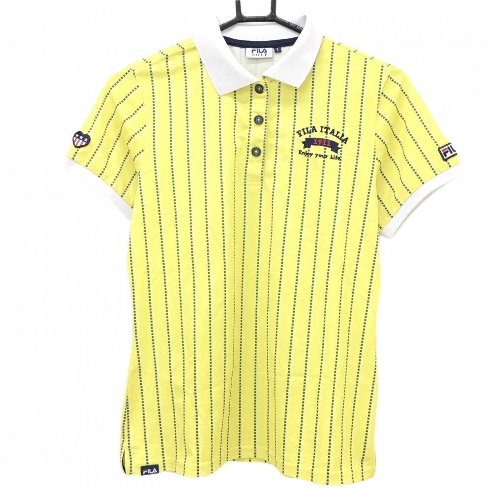 【美品】フィラゴルフ 半袖ポロシャツ イエロー×ネイビー ストライプ調 ロゴ刺しゅう 袖ワッペン レディース L ゴルフウェア FILA GOLF