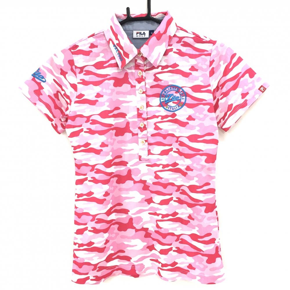 【超美品】フィラゴルフ 半袖ポロシャツ ピンク×白×レッド系 カモフラ 迷彩 ロゴ刺しゅう レディース M ゴルフウェア FILA GOLF