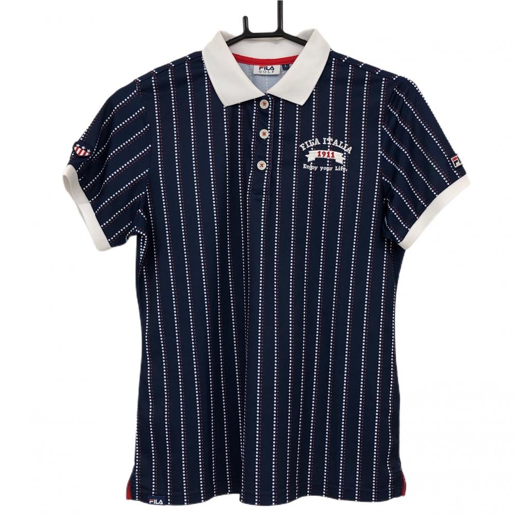 フィラゴルフ 半袖ポロシャツ ネイビー×白×レッド ストライプ調 胸ロゴ  レディース L ゴルフウェア FILA GOLF