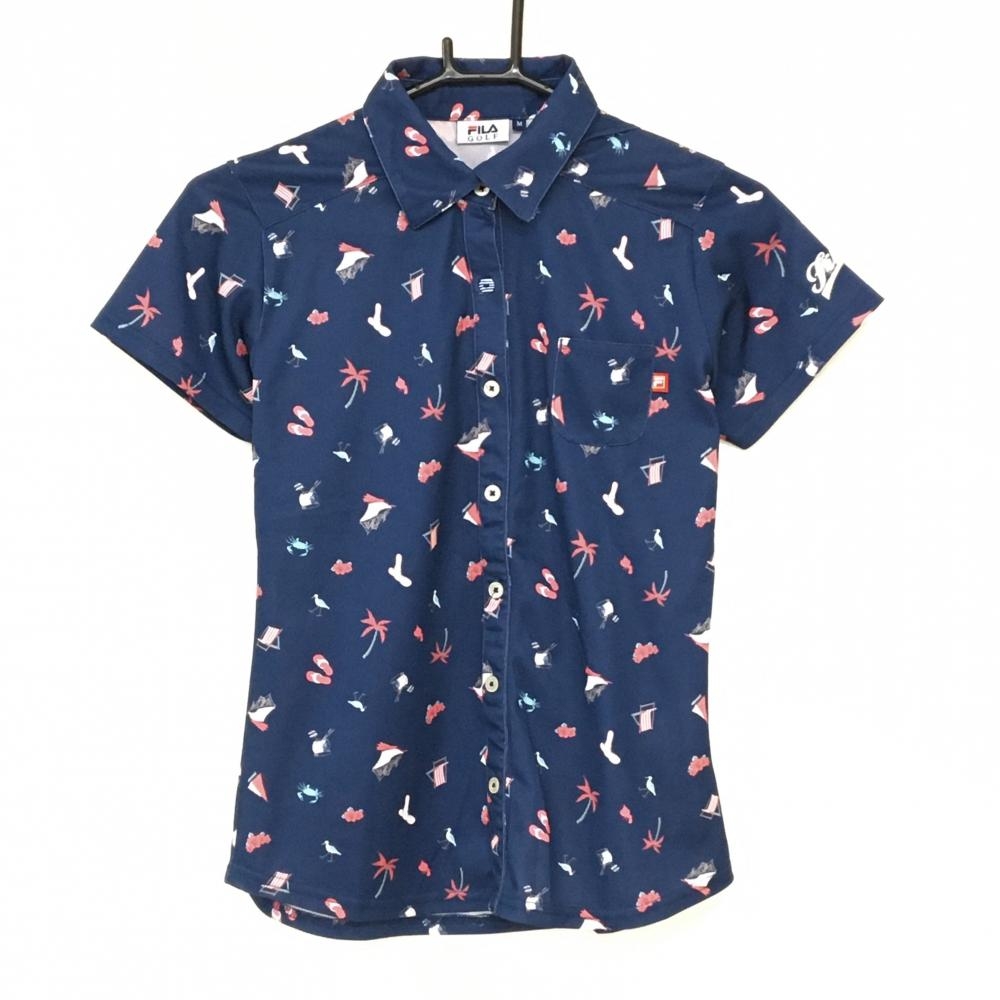 【超美品】フィラゴルフ 半袖ポロシャツ ネイビー×ピンク 総柄 サンダル 鳥 レディース M ゴルフウェア FILA GOLF