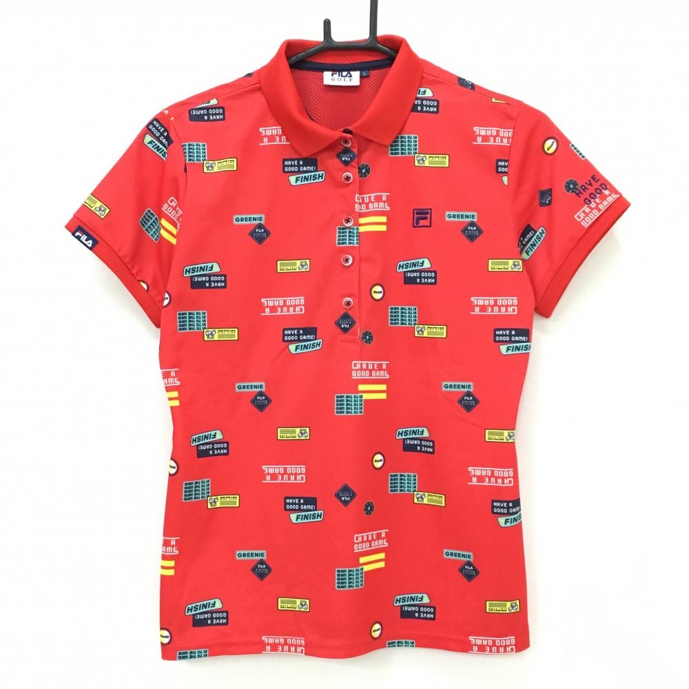 【超美品】フィラゴルフ 半袖ポロシャツ レッド 総柄　ストレッチ レディース L ゴルフウェア FILA GOLF