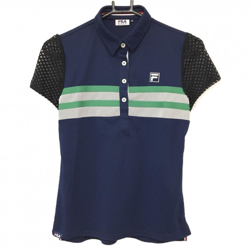 【美品】フィラゴルフ 半袖ポロシャツ ネイビー×白 胸元ライン 袖メッシュ レディース M ゴルフウェア FILA GOLF