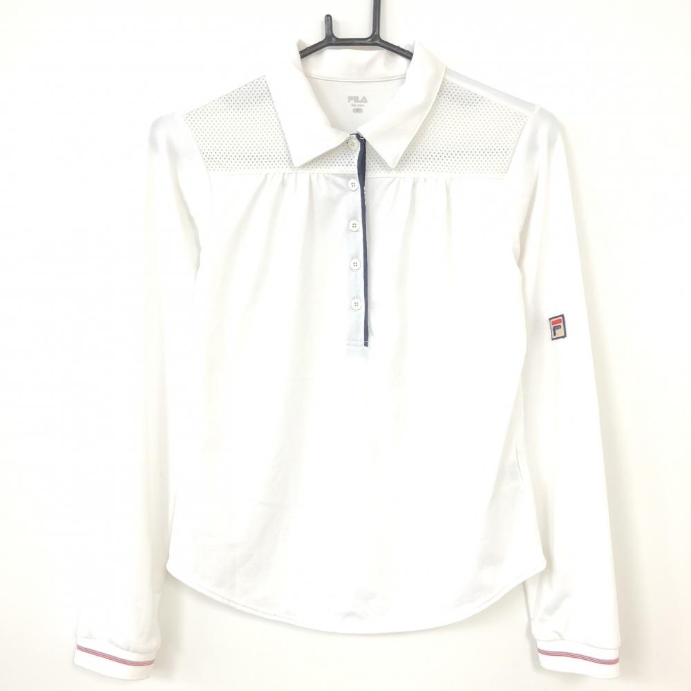 【超美品】FILA GOLF フィラゴルフ 長袖ポロシャツ 白×ネイビー 一部メッシュ ロゴワッペン レディース M ゴルフウェア