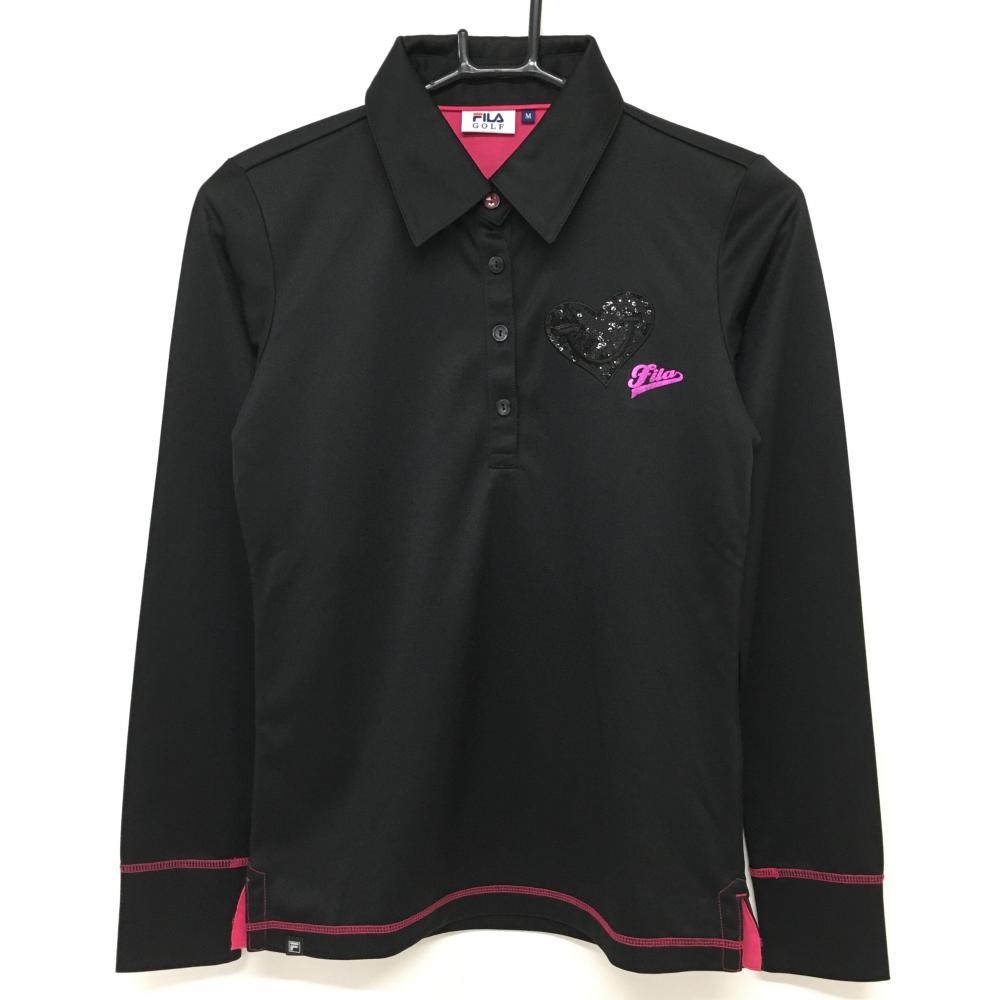 フィラゴルフ 長袖ポロシャツ 黒×ピンク ハート スパンコール  レディース M ゴルフウェア FILA GOLF