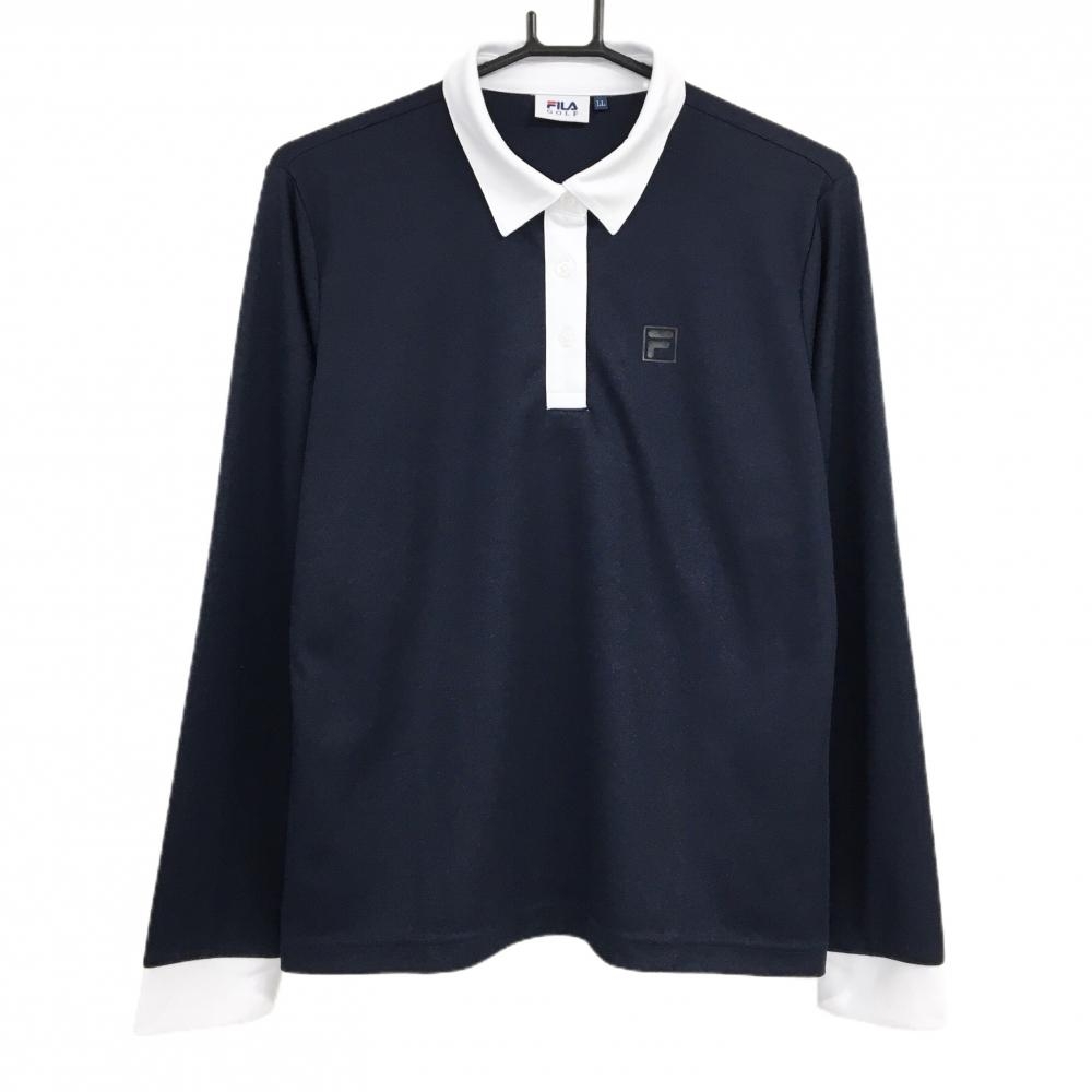 【超美品】フィラゴルフ 長袖ポロシャツ ネイビー×白 ロゴプリント レディース LL ゴルフウェア FILA GOLF
