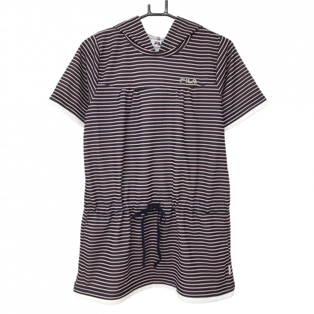 【美品】フィラゴルフ フード付半袖シャツ ネイビー×白×レッド ボーダー チュニック丈 レディース L ゴルフウェア FILA GOLF