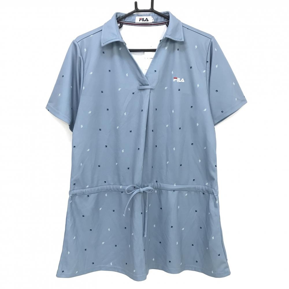 【新品】フィラ 半袖スキッパーシャツ スモーキーブルー×ネイビー 総柄 チュニック丈 レディース 3L ゴルフウェア 大きいサイズ FILA GOLF