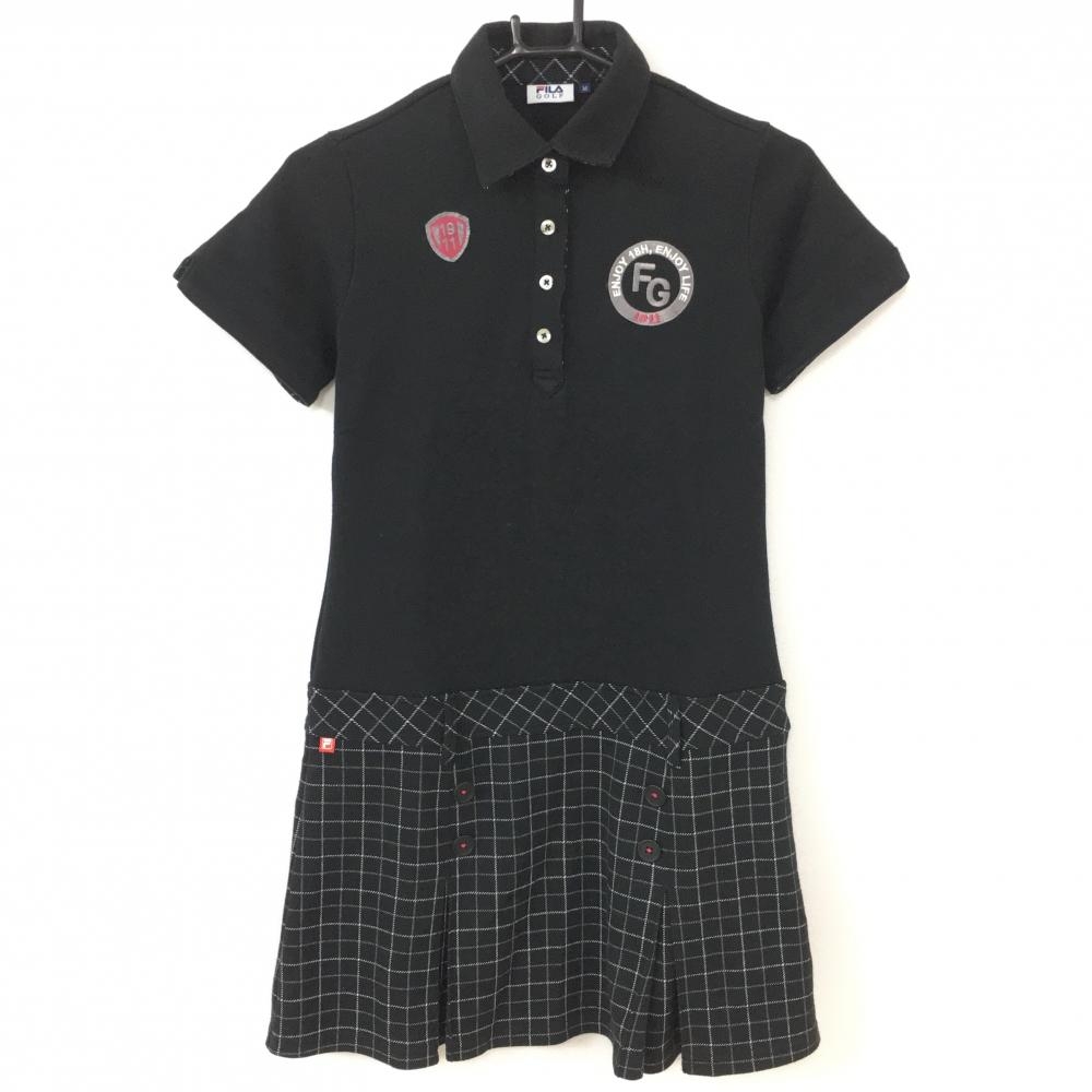 【美品】FILA GOLF フィラゴルフ 半袖ポロワンピース 黒×白 スカート部チェック柄 ボックスプリーツ レディース M ゴルフウェア