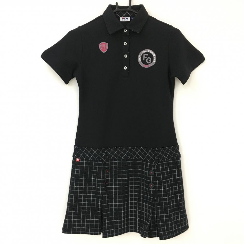 【美品】フィラゴルフ ワンピース 黒×白 一部チェック柄 刺しゅう  レディース M ゴルフウェア FILA GOLF