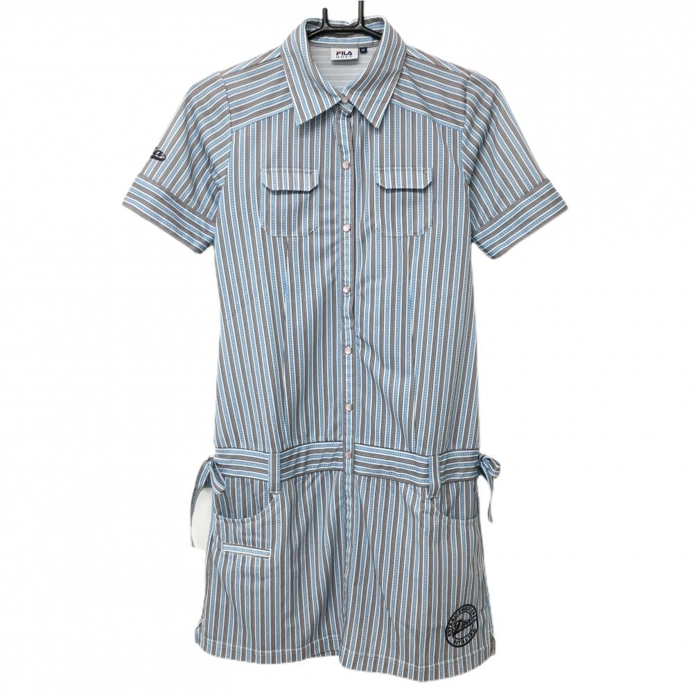 【超美品】フィラゴルフ 半袖ポロワンピース ライトブルー×グレー ストライプ調 裾ロゴ刺しゅう  レディース M ゴルフウェア FILA GOLF