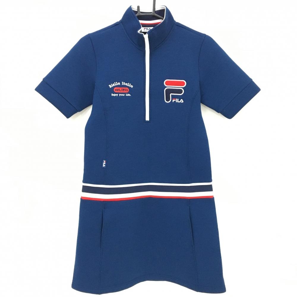 【美品】フィラゴルフ 半袖ハイネックワンピース ネイビー×白×レッド ハーフジップ  レディース M ゴルフウェア FILA GOLF