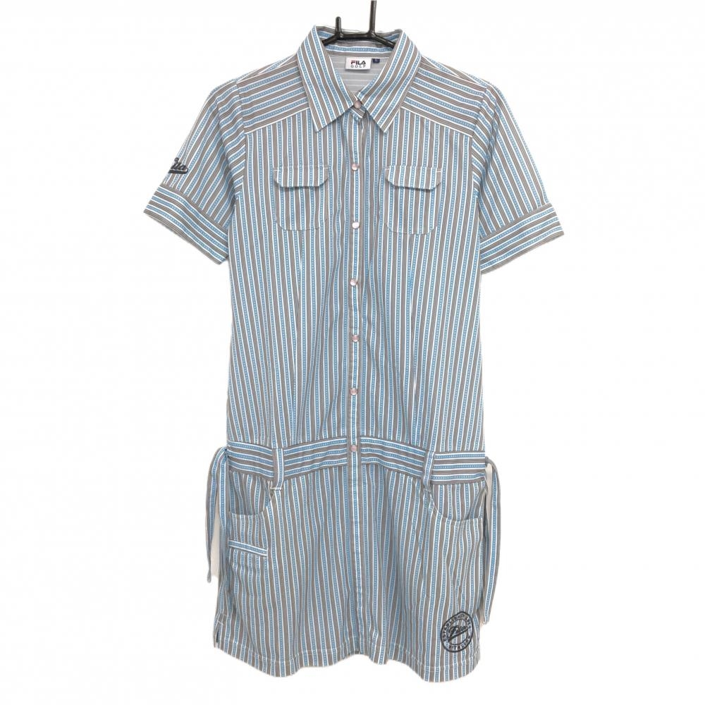 【超美品】フィラゴルフ 半袖ポロワンピース ブルー×グレー ストライプ×ドット レディース L ゴルフウェア FILA GOLF