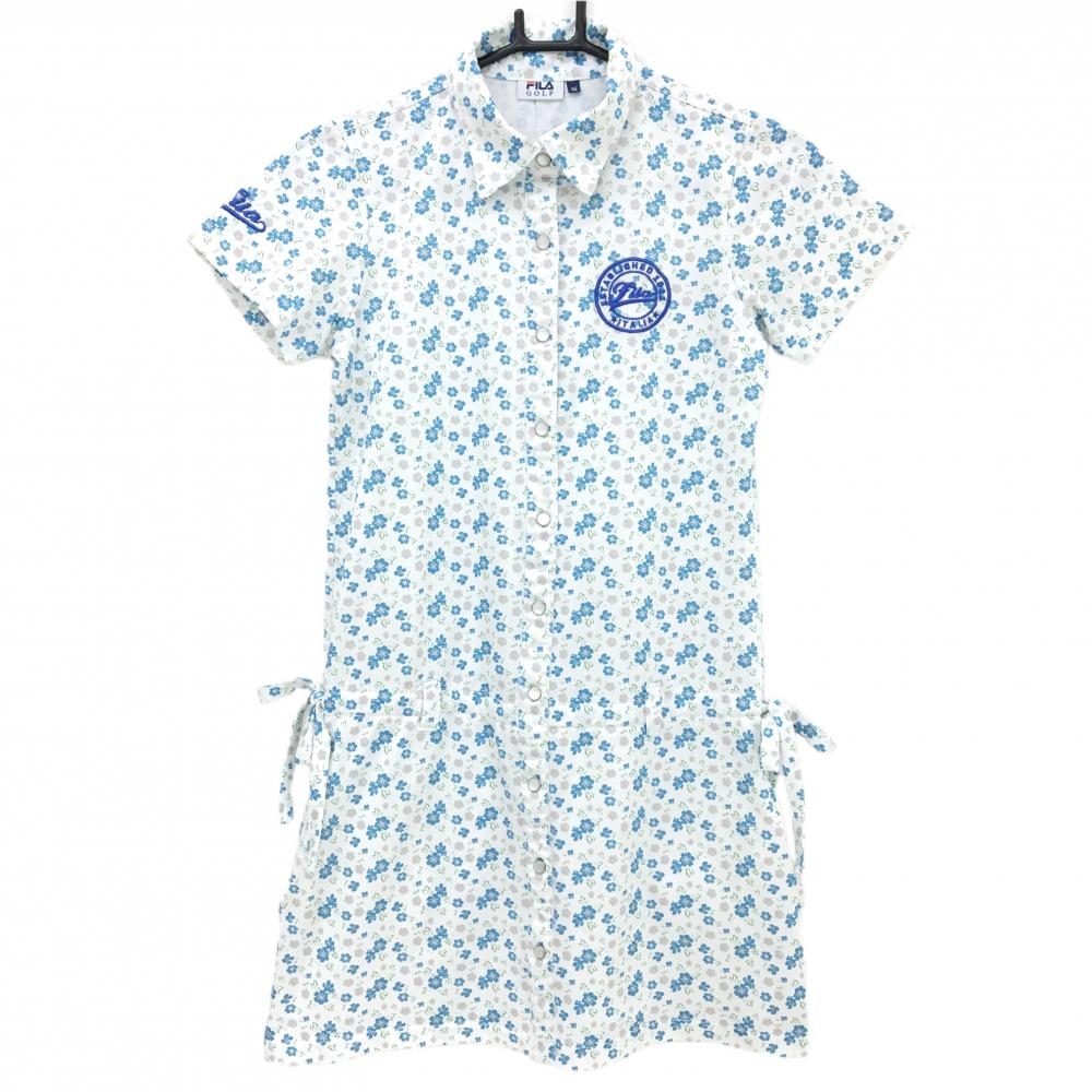 フィラゴルフ 半袖ポロワンピース 白×ブルー 花柄 ロゴ刺しゅう スナップボタン レディース M ゴルフウェア FILA GOLF