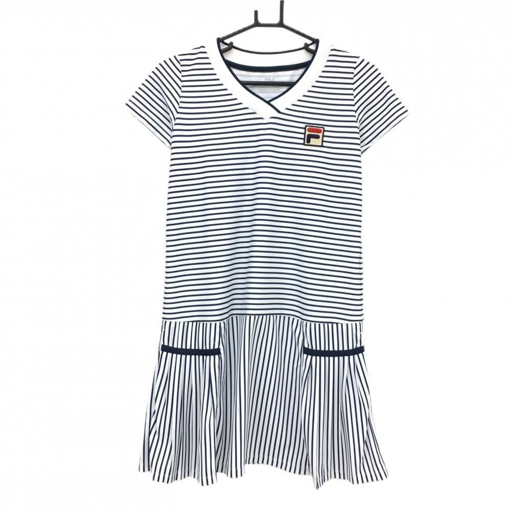 フィラゴルフ 半袖ワンピース 白×ネイビー ボーダー Vネック 胸ロゴ レディース L ゴルフウェア FILA GOLF