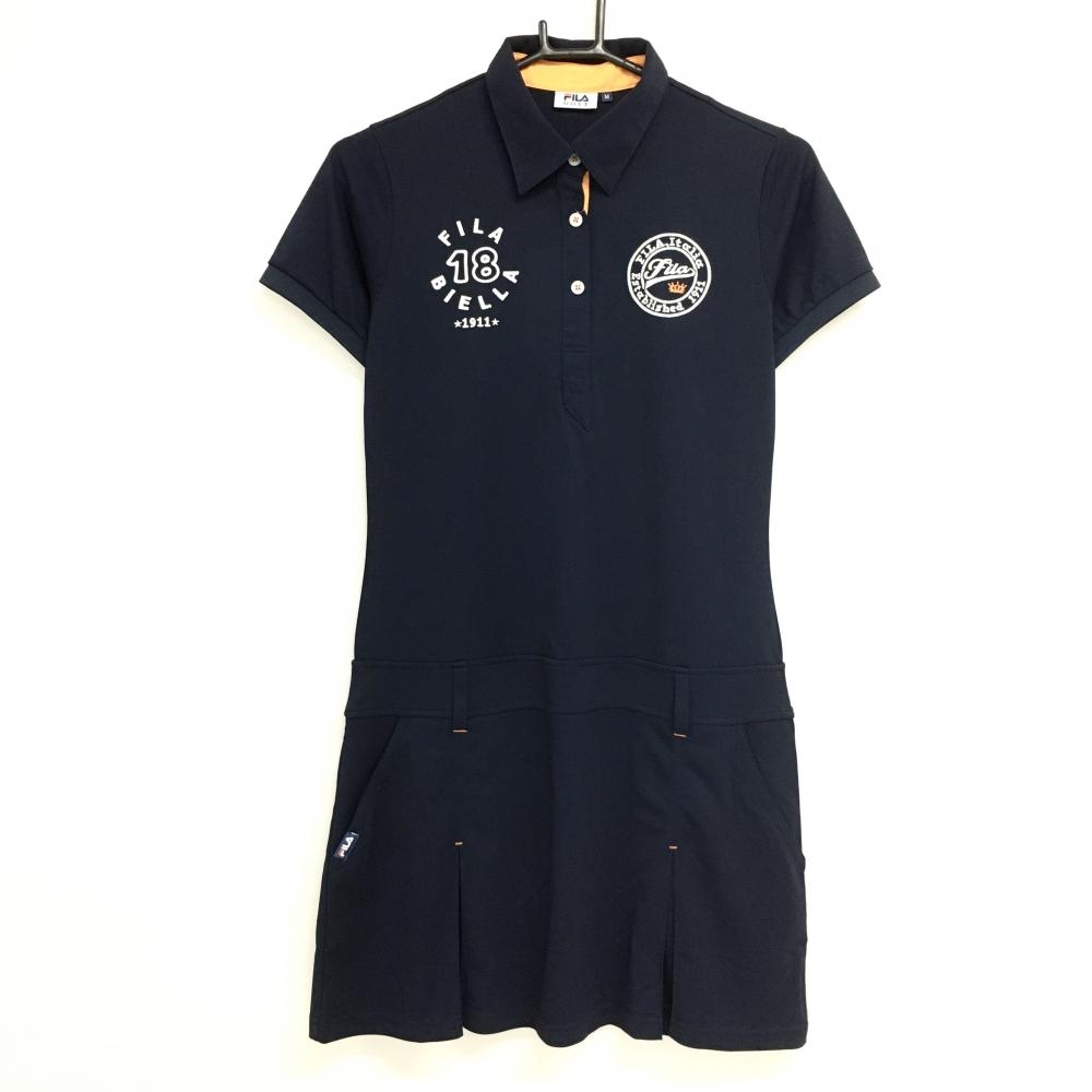 【新品】フィラゴルフ 半袖ポロワンピース ネイビー×オレンジ ロゴ刺しゅう UVカット 接触冷感  レディース M ゴルフウェア FILA GOLF