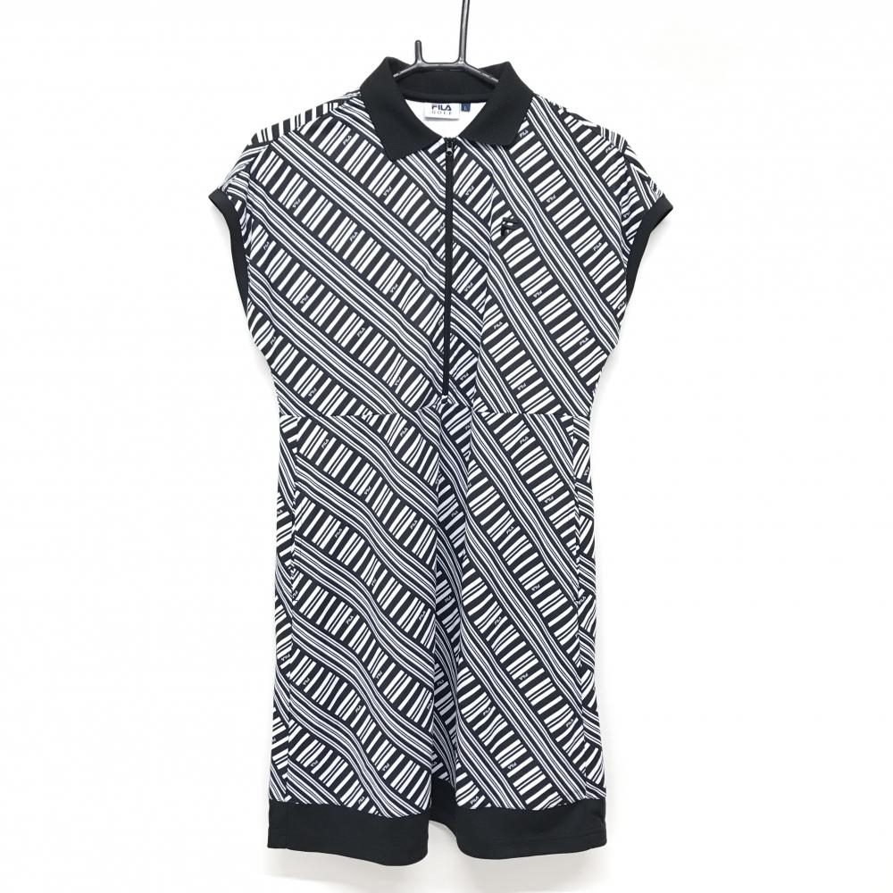 【超美品】フィラゴルフ 半袖ワンピース 黒×白 総柄 ハーフジップ 胸ロゴ レディース L ゴルフウェア FILA GOLF