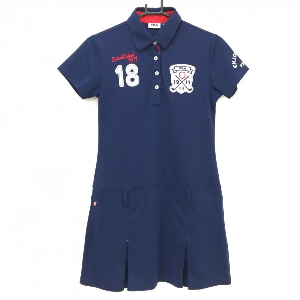 フィラゴルフ 半袖ポロワンピース ネイビー×白 ワッペン レディース M ゴルフウェア FILA GOLF