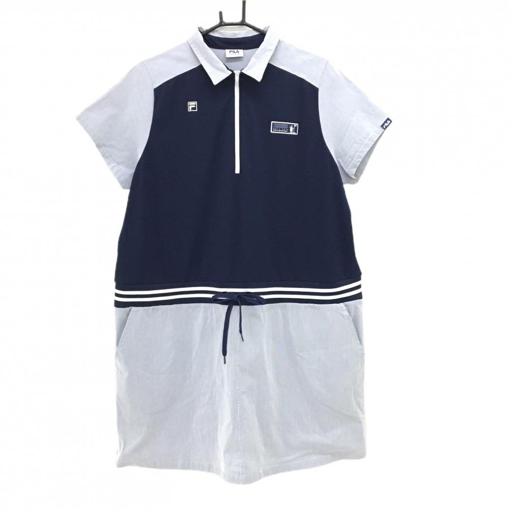フィラゴルフ 半袖ワンピース ネイビー×白 細ストライプ ハーフジップ レディース 6L ゴルフウェア 大きいサイズ FILA GOLF