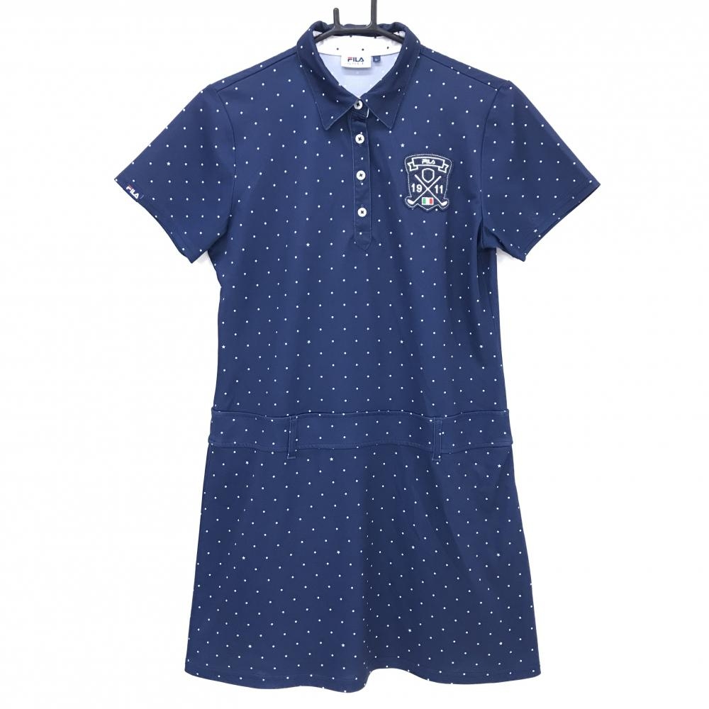 フィラゴルフ 半袖ポロワンピース ネイビー×白 ドット ロゴワッペン レディース L ゴルフウェア FILA GOLF